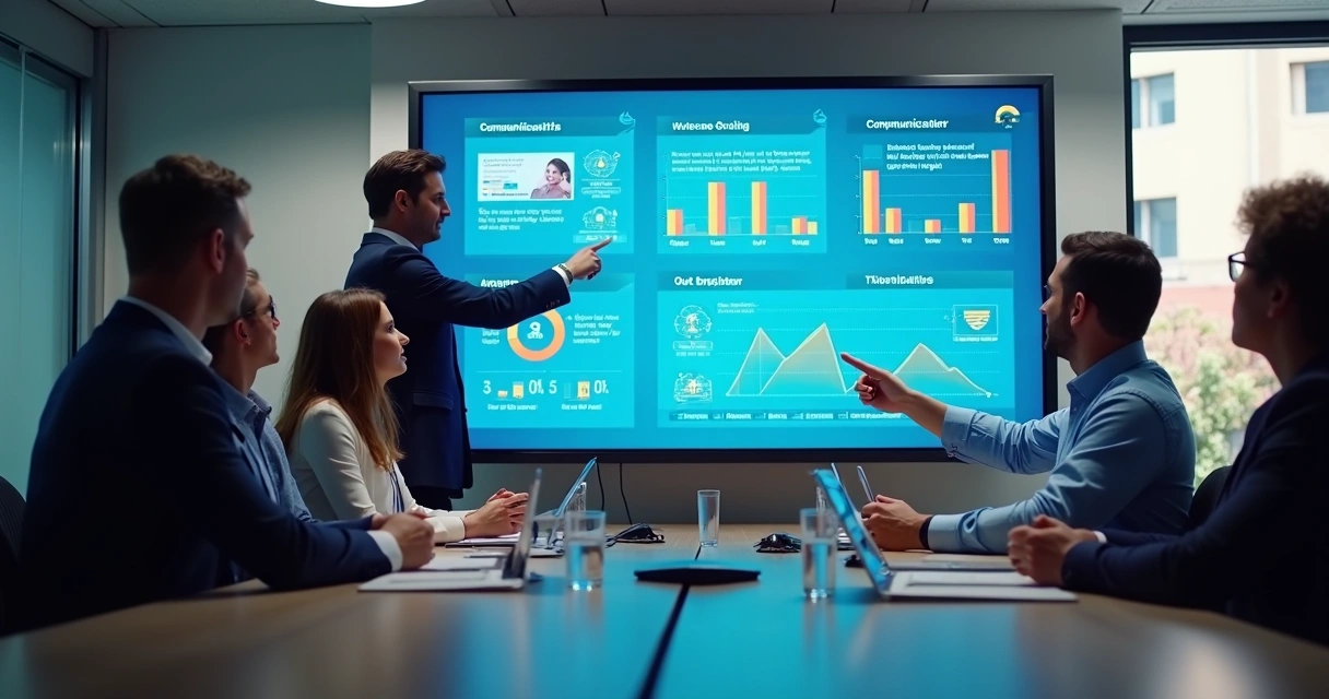 Dashboard de indicadores de comunicação em tela grande 