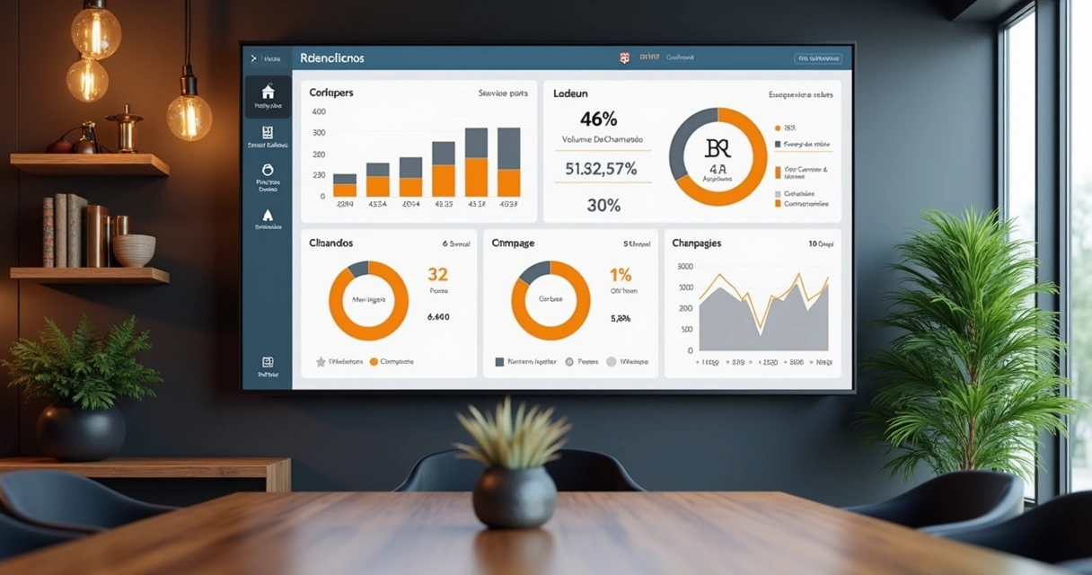 Dashboard colorido com gráficos de atendimento ao cliente
