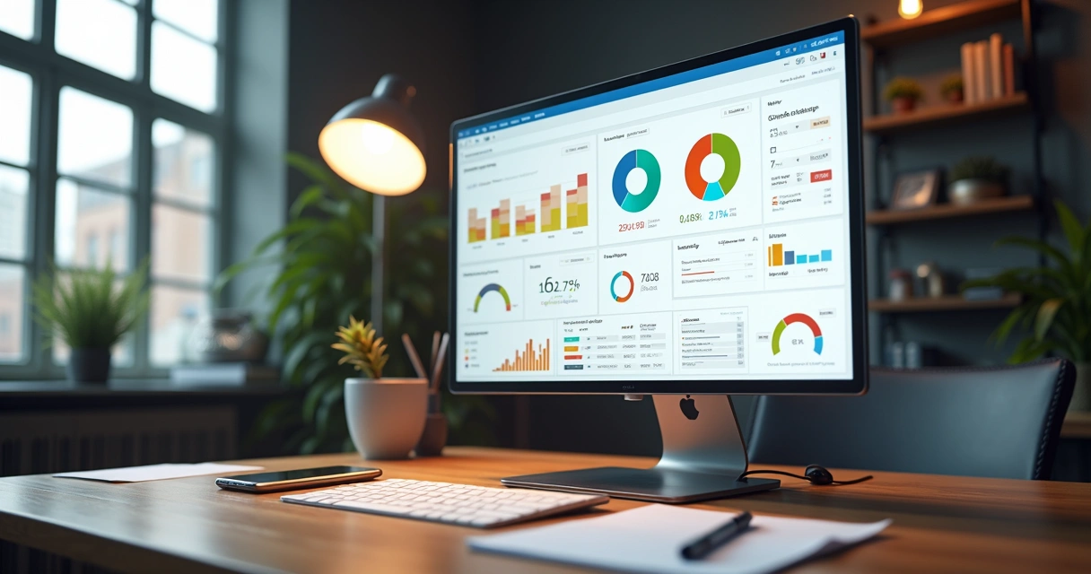Dashboard de vendas mostrando gráficos coloridos em tela de computador 
