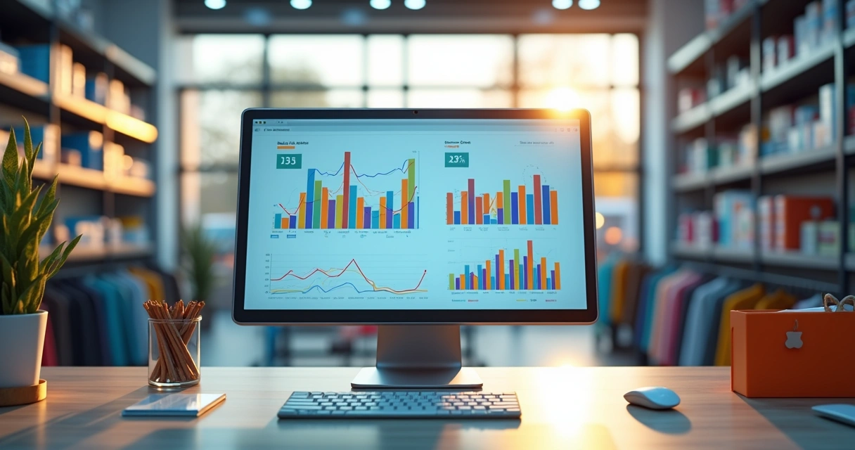 Dashboard de BI com gráficos de vendas em tela de computador em ambiente de loja 