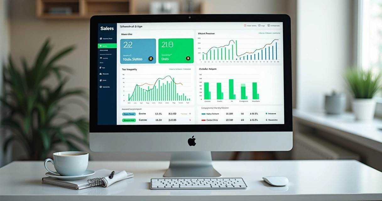 Dashboard de vendas e estoque em tela de computador 