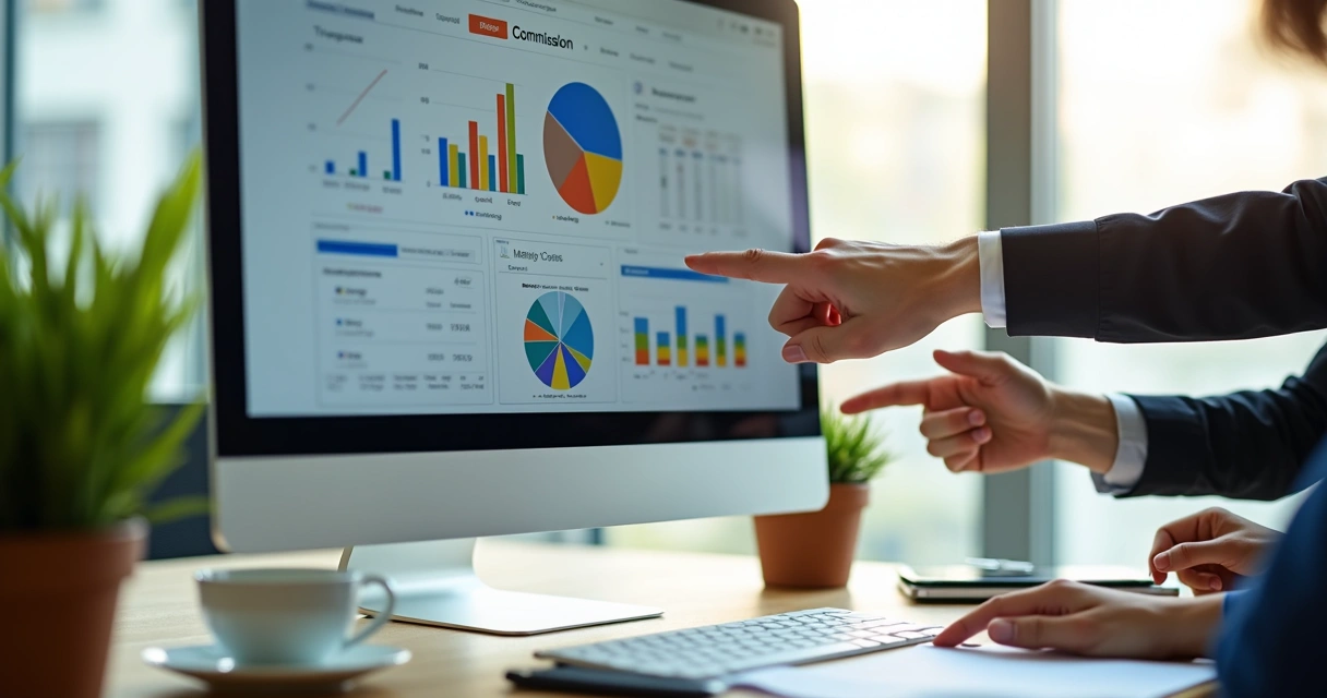 Dashboard com relatórios de comissão em tela de computador em pequena empresa