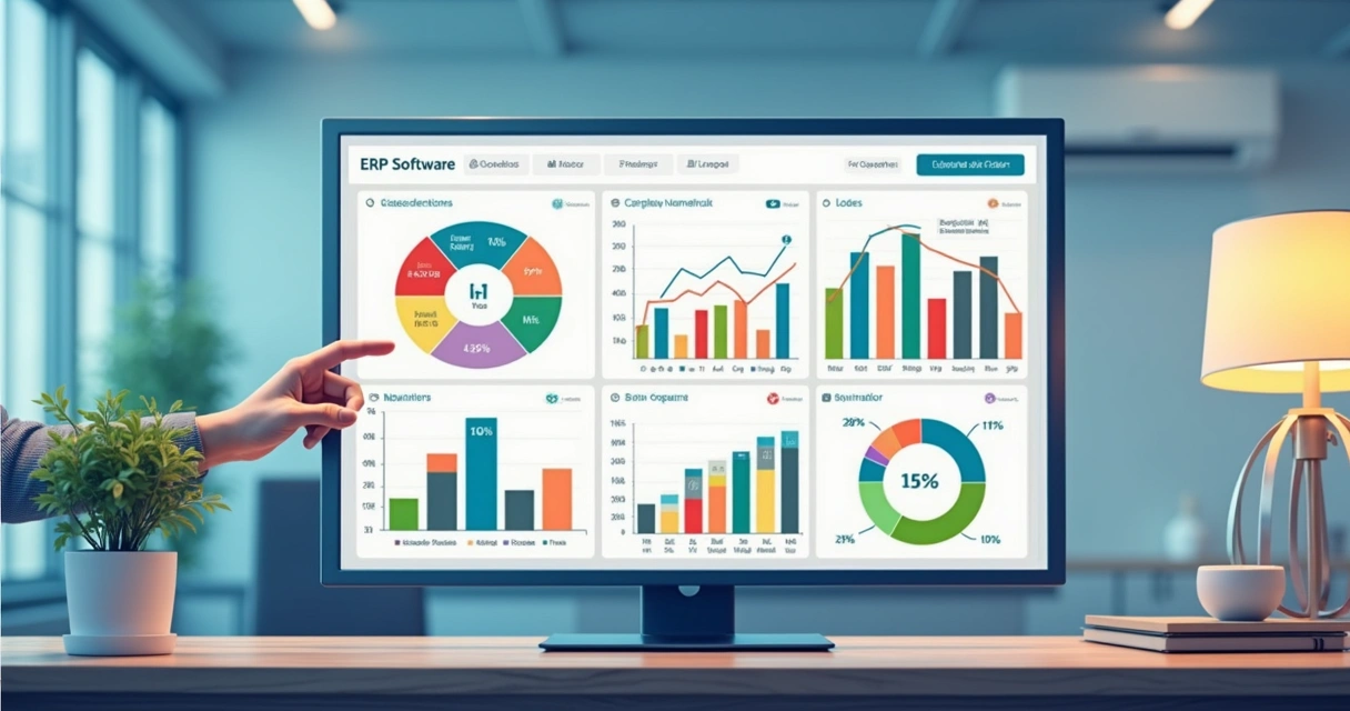 Dashboard de ERP mostrando gráficos de vendas e estoque 