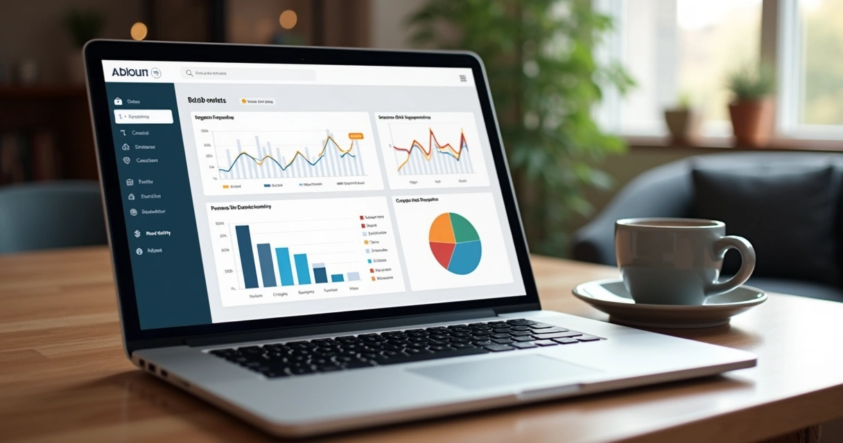 Dashboard de relatórios de evento B2B em tela de notebook, gráficos de taxa de abertura, inscrição e engajamento 