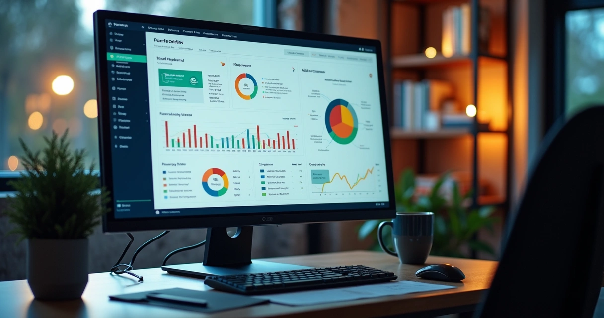 Monitor mostrando dashboard financeiro colorido 