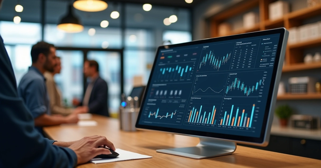 Dashboard gerencial em tela de computador em loja com gráficos de desempenho 