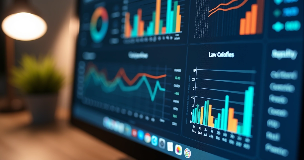 Tela de dashboard com gráficos de desempenho jurídico e relatórios 