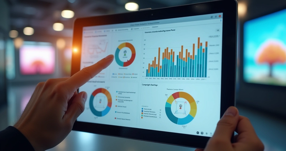 Dashboard de relatório de mídia indoor em tablet 