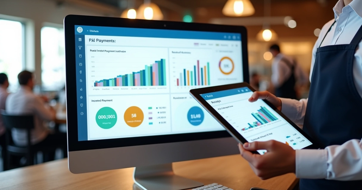 Dashboard de pagamentos com gráficos coloridos em restaurante digital 