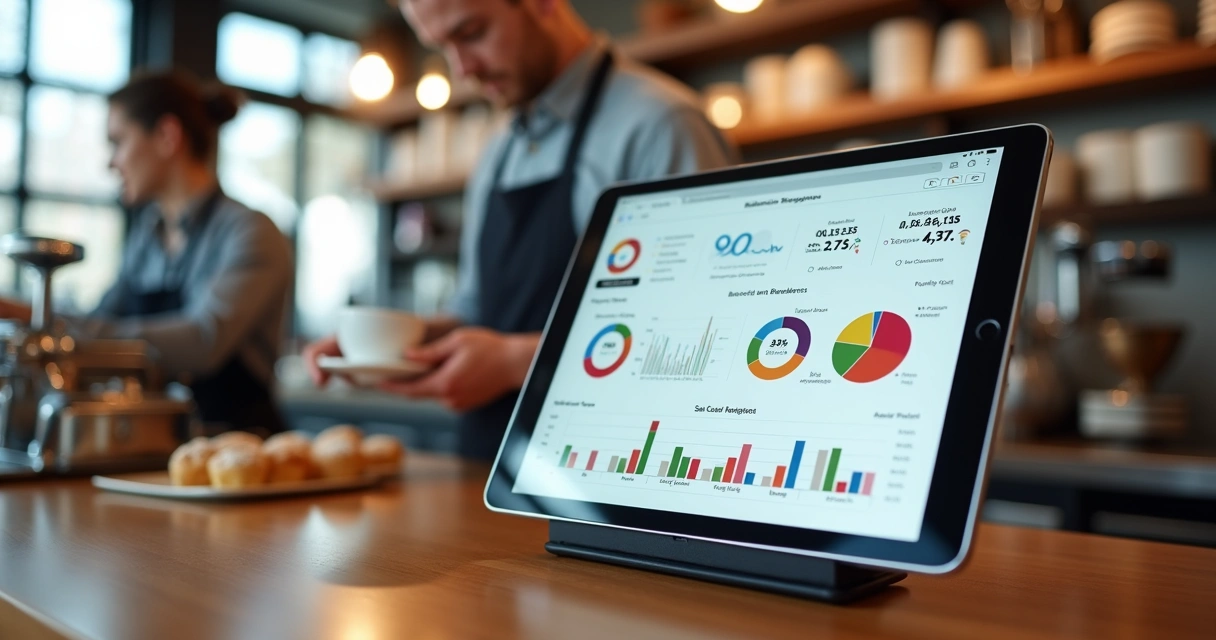 Dashboard de relatórios de vendas em tablet no balcão do restaurante