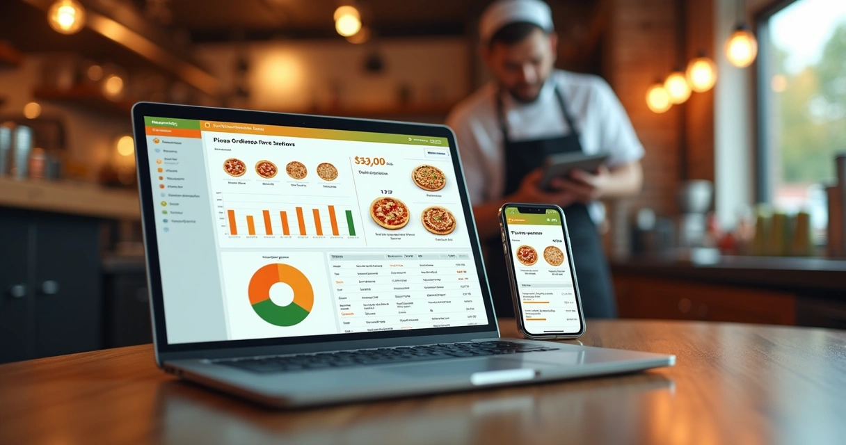 Dashboard de gestão de uma pizzaria com gráficos e pedidos.