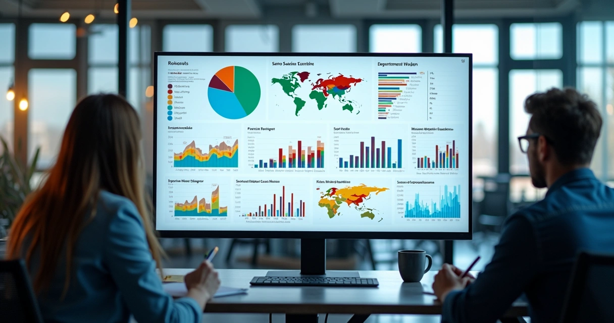 Dashboard colorido com gráficos de riscos psicossociais por setor e indicadores em destaque 