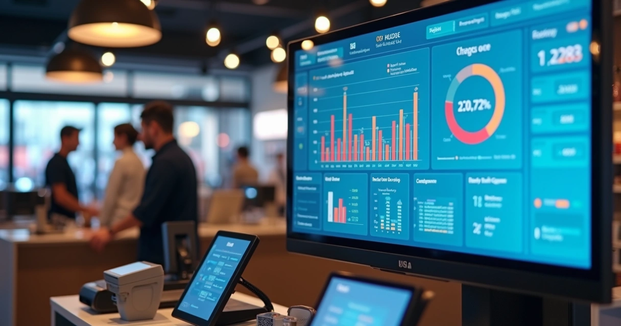 Dashboard com gráficos de vendas em tempo real em uma tela, ao fundo loja com clientes e atendentes. 