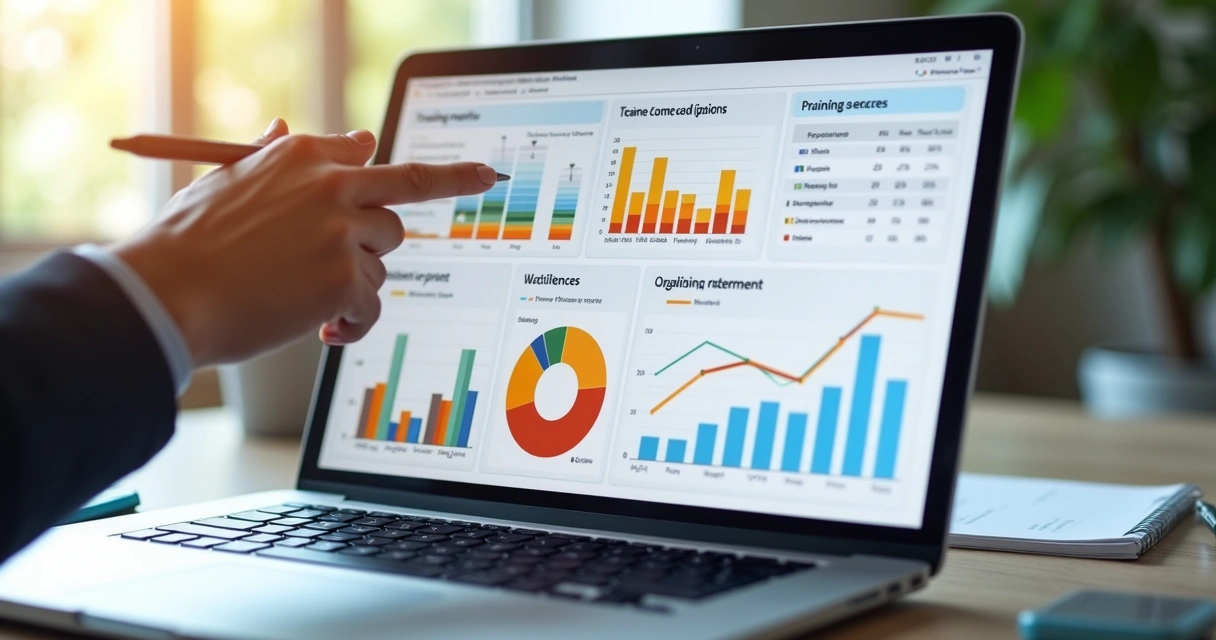 Dashboard de relatório de treinamento com gráficos e tabelas coloridas na tela de notebook 