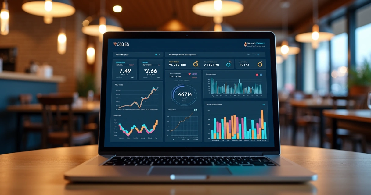 Painel de controle digital com gráficos de vendas em exibição 