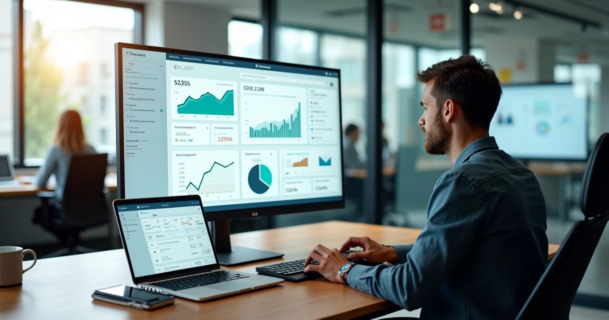 Profissional de marketing analisa dashboard de relatórios white-label em agência digital 