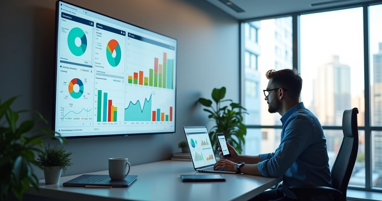 Dashboard digital mostrando relatórios automatizados com gráficos coloridos em um escritório moderno 