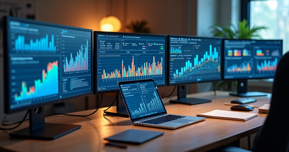 Dashboards de BI exibindo gráficos em telas, mesa com notebook em escritório 