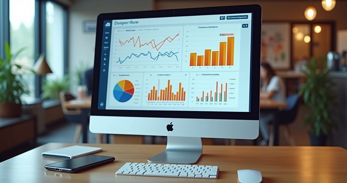 Tela de computador mostrando dashboard de sistema de gestão com gráficos de vendas, estoque e clientes. 