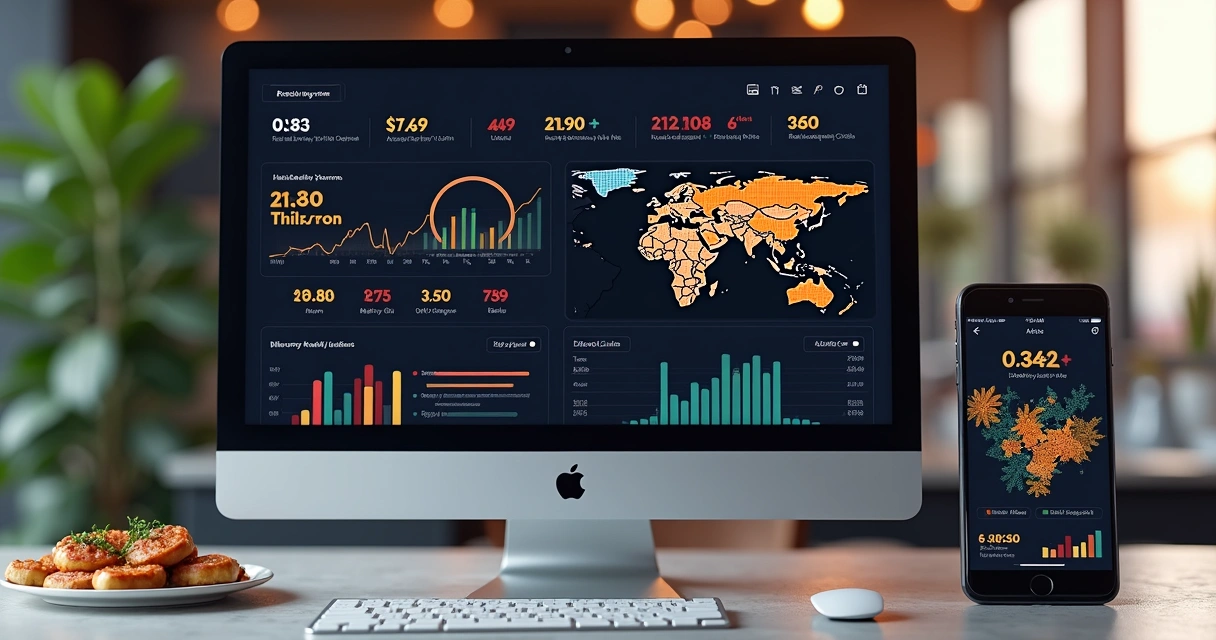 Dashboard colorido com gráficos de pedidos delivery em tempo real 