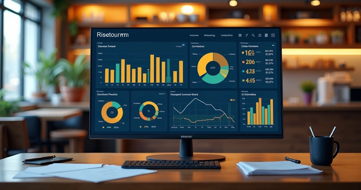Painel digital com gráficos financeiros de restaurante