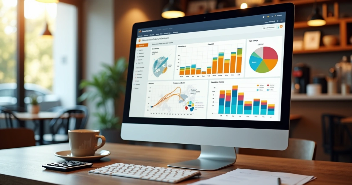 Dashboard de relatórios digitais de food service em computador 