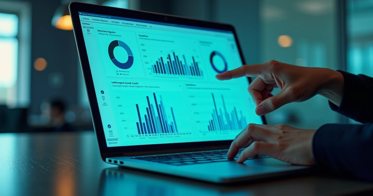Dashboard colorido com relatórios financeiros em tela 