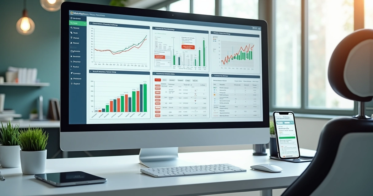 Computador com tela exibindo gráficos e relatórios odontológicos detalhados com gráficos financeiros, clínicos e de atendimento 
