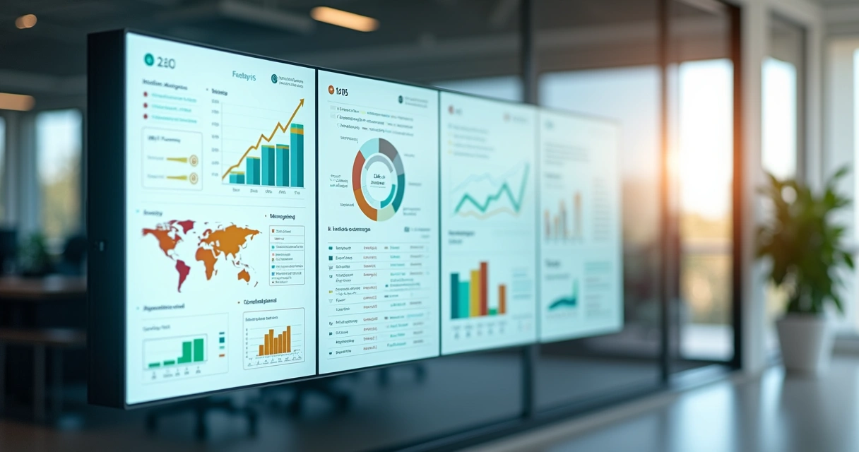 Painel digital exibindo diferentes relatórios personalizados lado a lado 