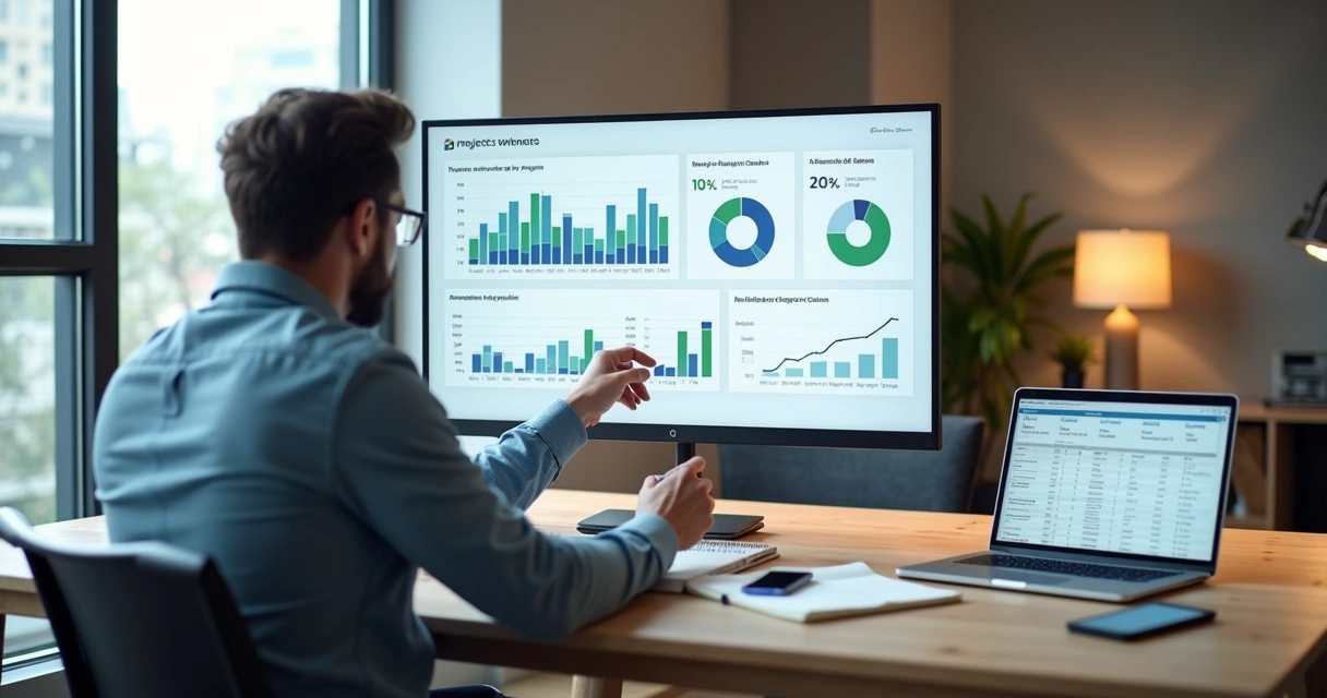 Profissional analisando relatórios de projetos PJ em dashboard financeiro 