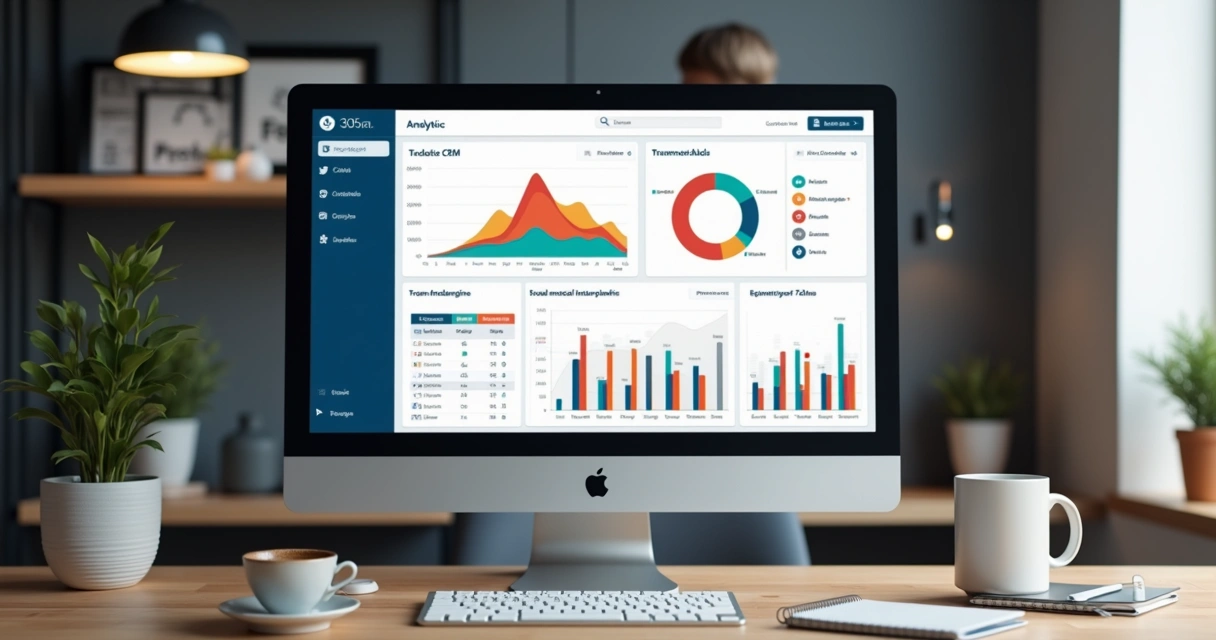 Dashboard de CRM com gráficos de desempenho de redes sociais 