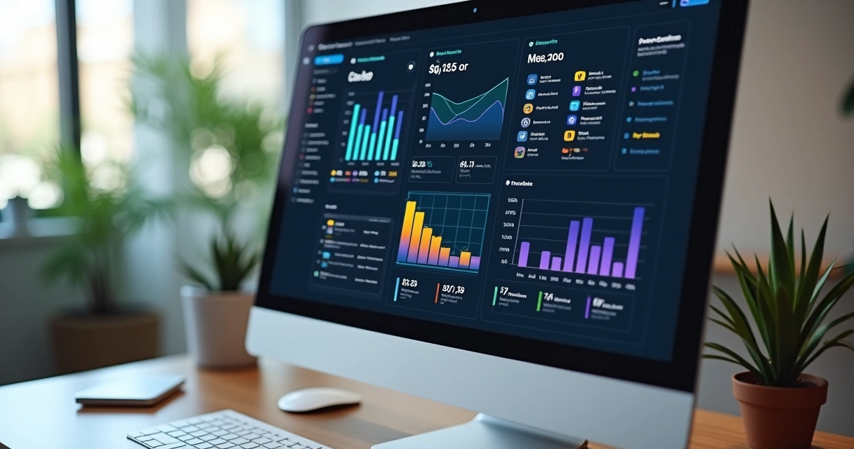 Dashboard com gráficos de chamadas e dados de CRM em tela de computador modern