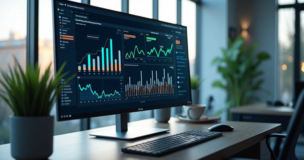 Tela de dashboard digital exibindo gráficos e dados atualizados em tempo real, com gráficos de barras, linhas e indicadores coloridos 