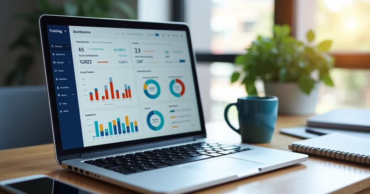 Dashboard de relatórios de treinamento digital com gráficos coloridos e laptop aberto 