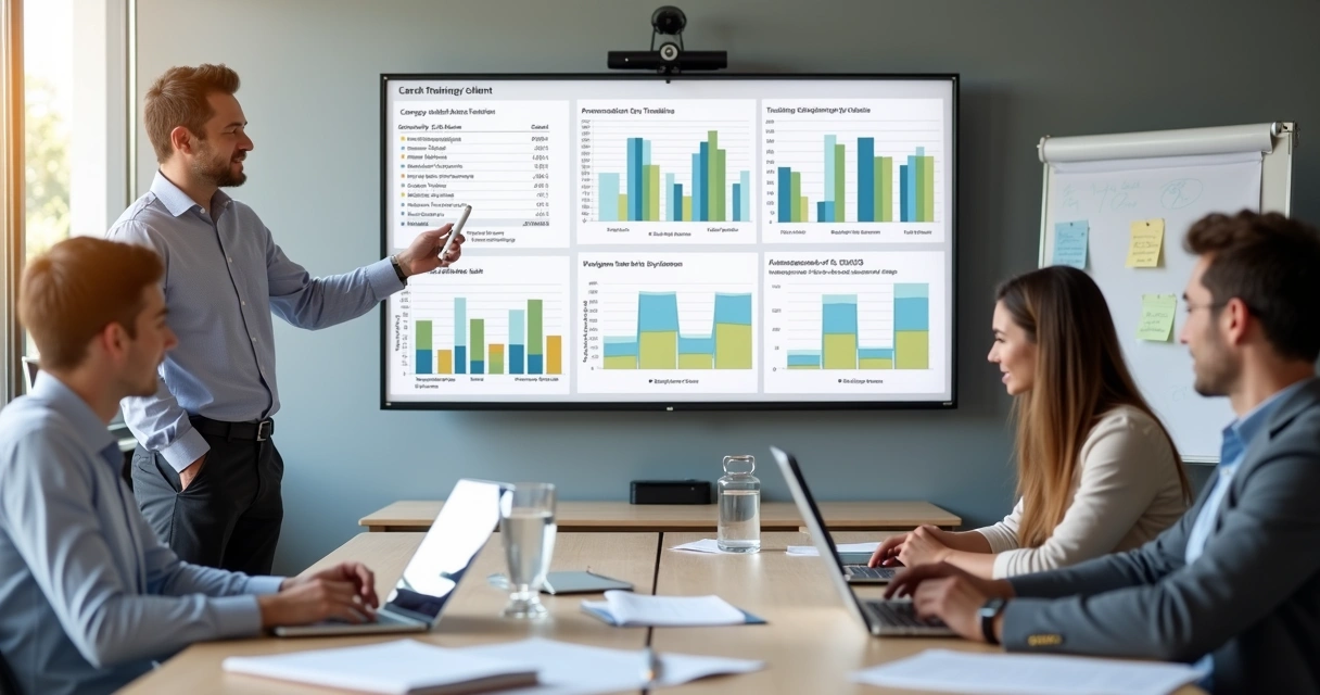 Gestor de consultoria de treinamento analisando painel de relatórios por cliente em tela grande 
