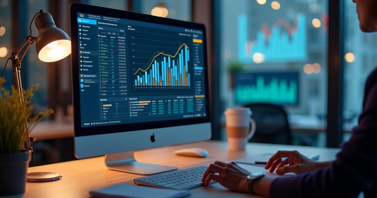Tela de computador com gráficos de performance em uma mesa de escritório 