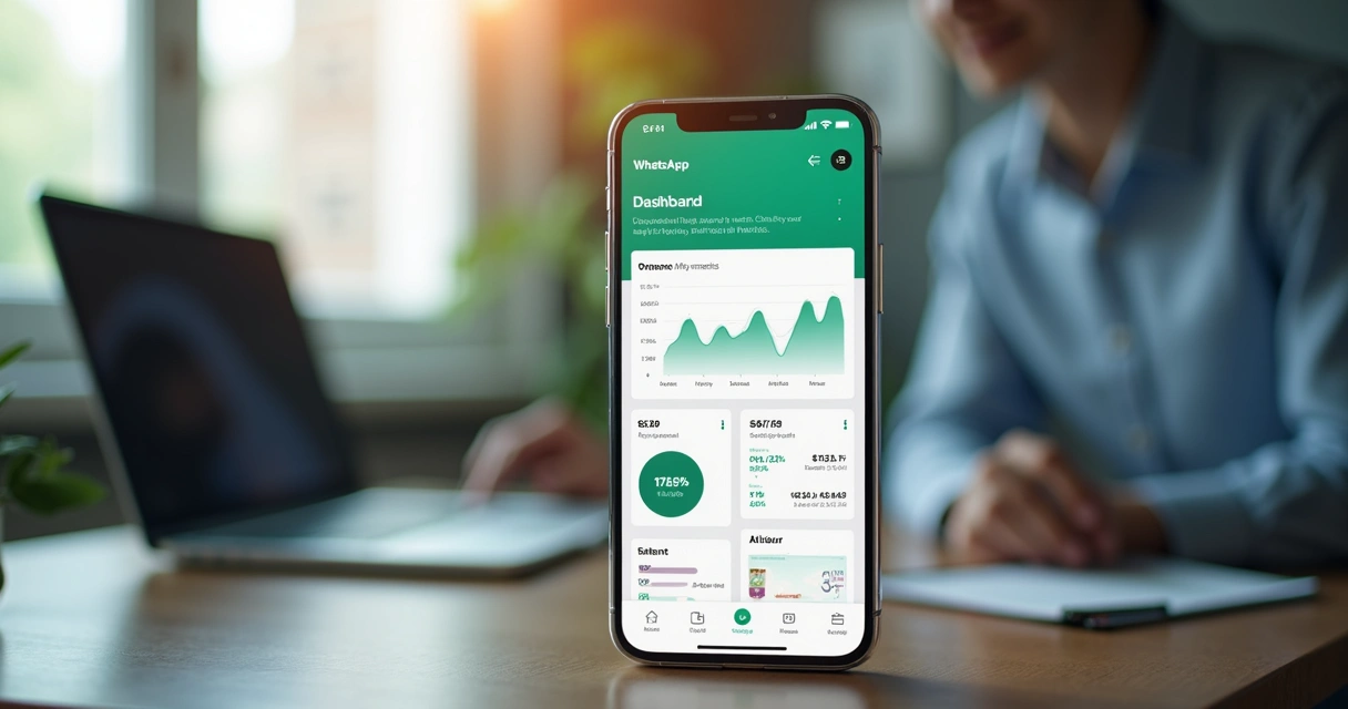 Dashboard de WhatsApp responsivo em um smartphone mostrando métricas em tempo real