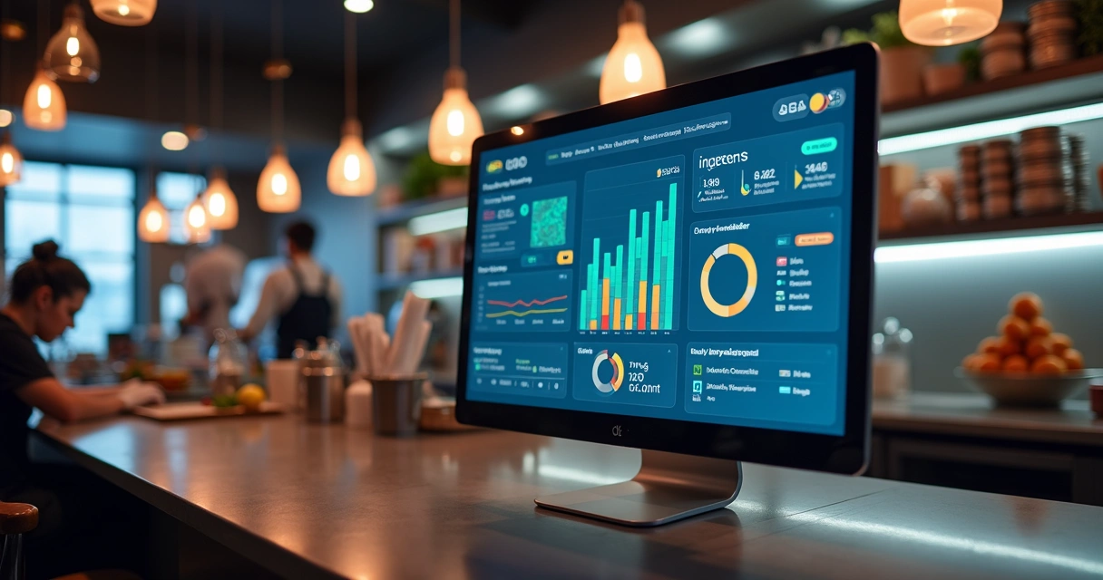 Dashboard digital de restaurante exibindo cardápio e indicadores de pedidos 