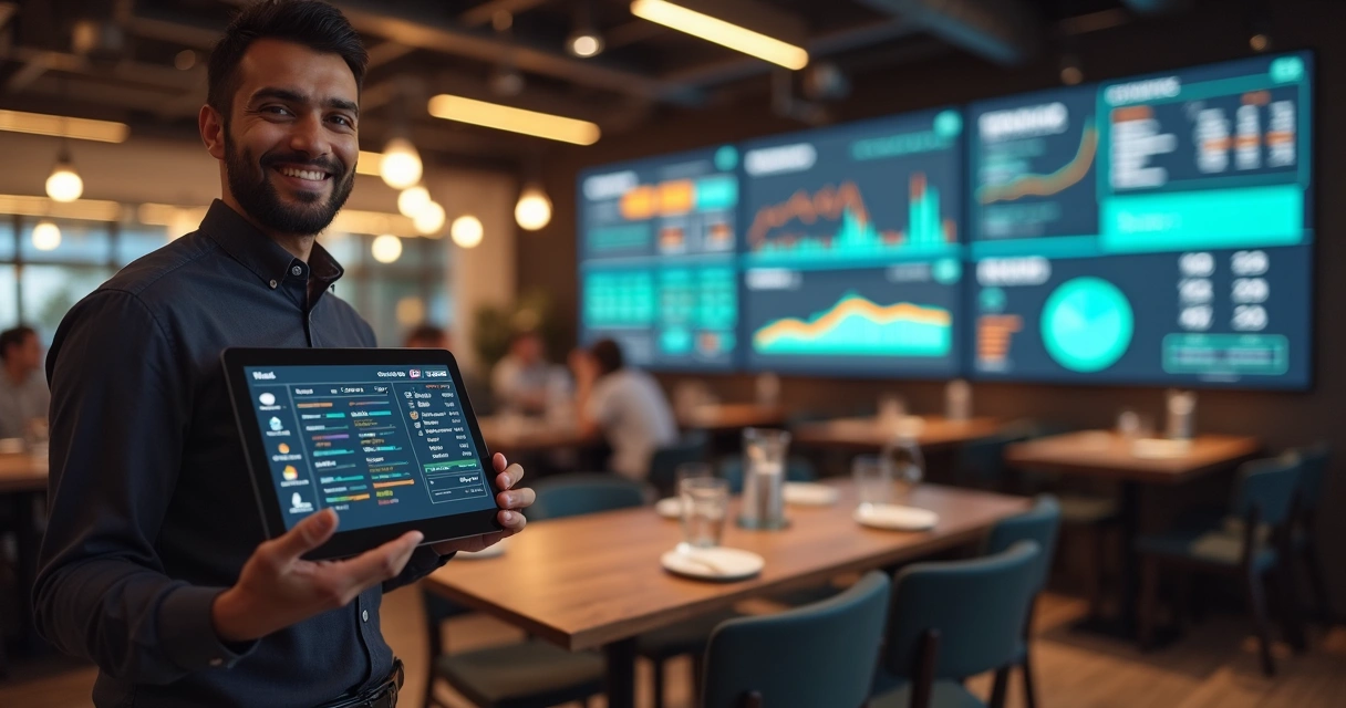 Dashboard digital com dados de vendas e pedidos em tempo real em restaurante moderno. 