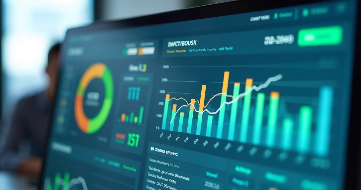 Dashboard com resultados empresariais em foco, gráficos coloridos e linhas de progresso 