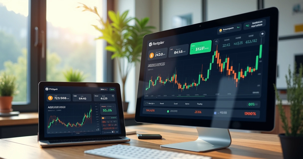 Dashboard digital mostrando resultados e alertas de trading de bitcoin 