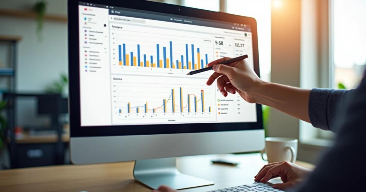 Dashboard de desempenho de campanha no Google Ads no monitor, mão de pessoa apontando para gráficos. 