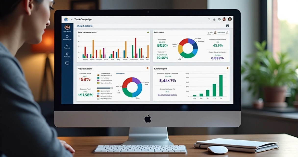Painel digital mostrando gráficos de resultados de campanha com métricas de cupons e influenciadores 