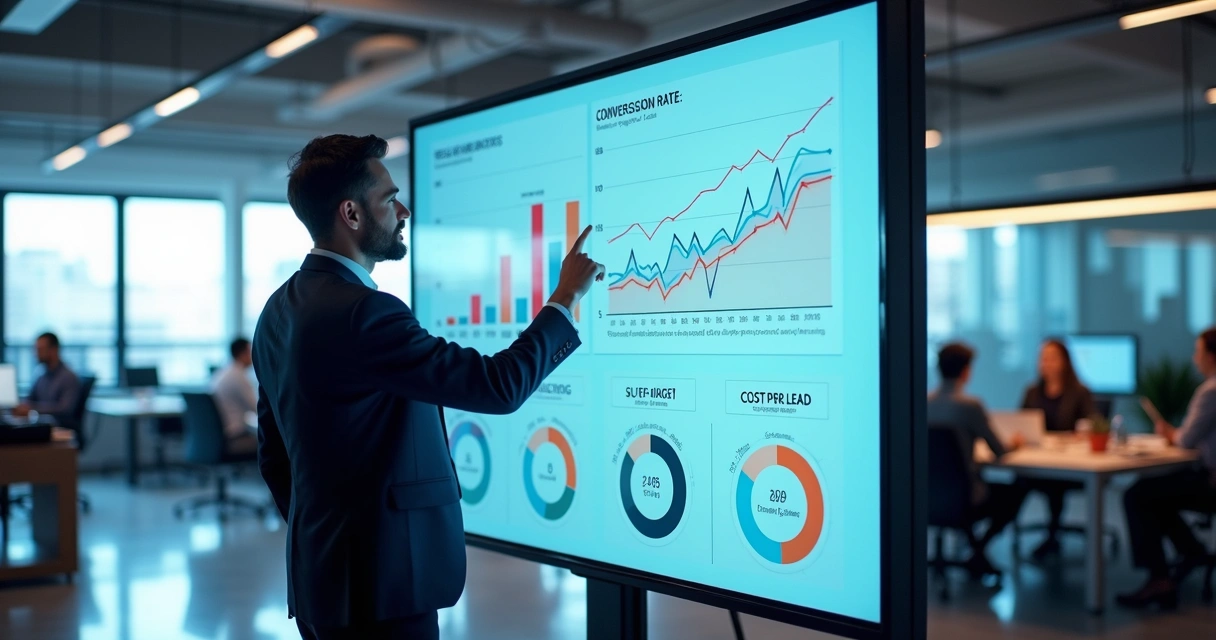 Dashboard digital exibindo gráficos de conversão e ROI de campanha de geração de leads 
