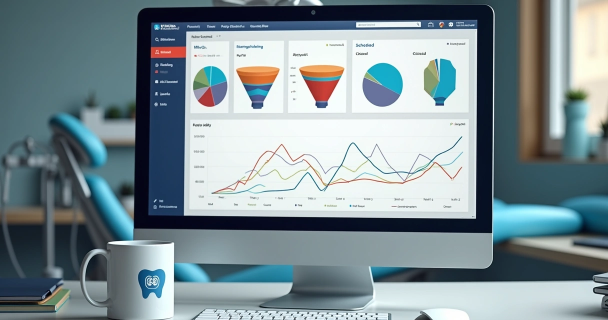 Dashboard de resultados de marketing com funil de vendas odontológico 