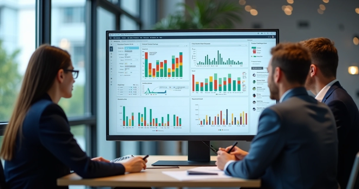 Tela de dashboard empresarial com gráficos e indicadores em destaque 