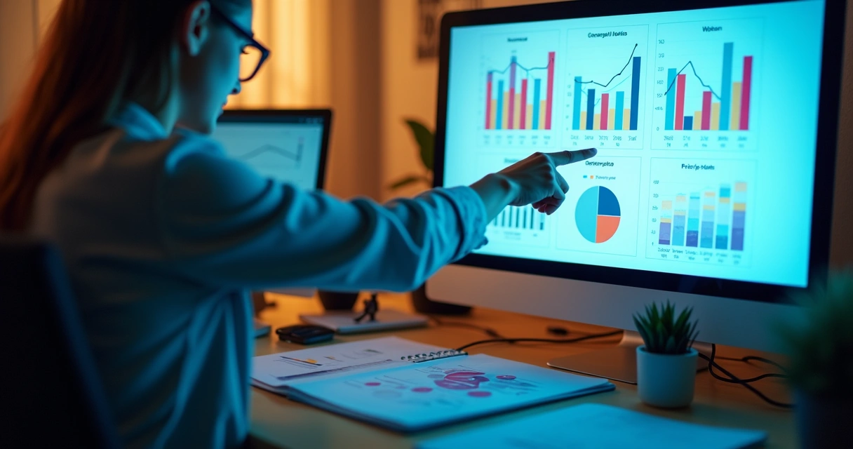 Painel dashboard de resultados de IA com gráficos coloridos 