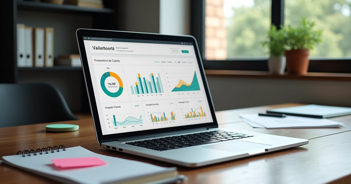 Dashboard com gráficos de performance de IA na tela de um notebook 