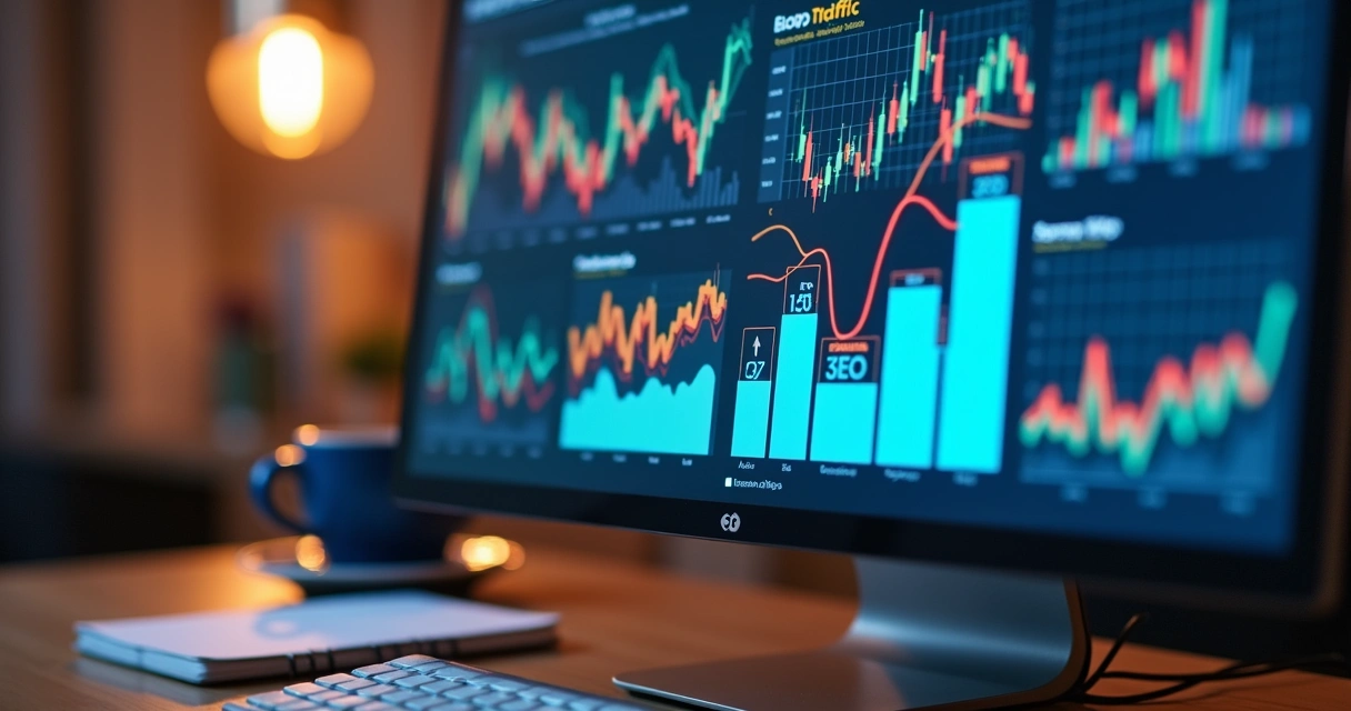 Dashboard digital exibindo gráficos de tráfego e crescimento de blog 