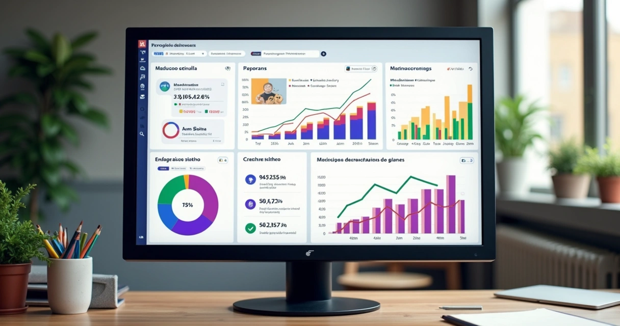 Dashboard de resultados de marketing digital em tela com gráficos coloridos 